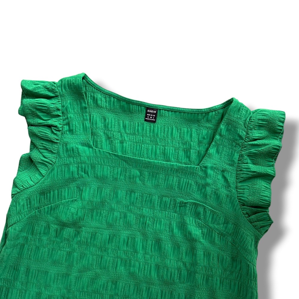 Women's M Green Ruffle Sleeve Square Neck Textured Seersucker Blouse Top Preppy